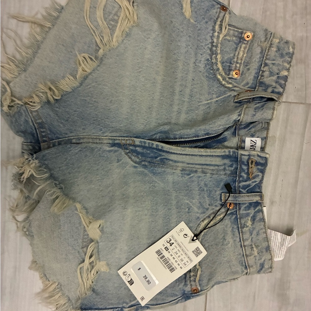 Zara Faded Blue Frayed Jean Shorts